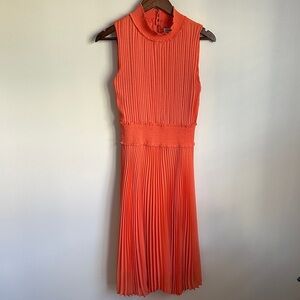 Nanette Lepore Coral and Gold Shimmering Sleeveless Midi Pleated Dress